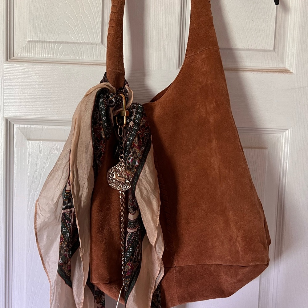 Haute Hippie Tan Suede Hobo Bag with Scarf Detail